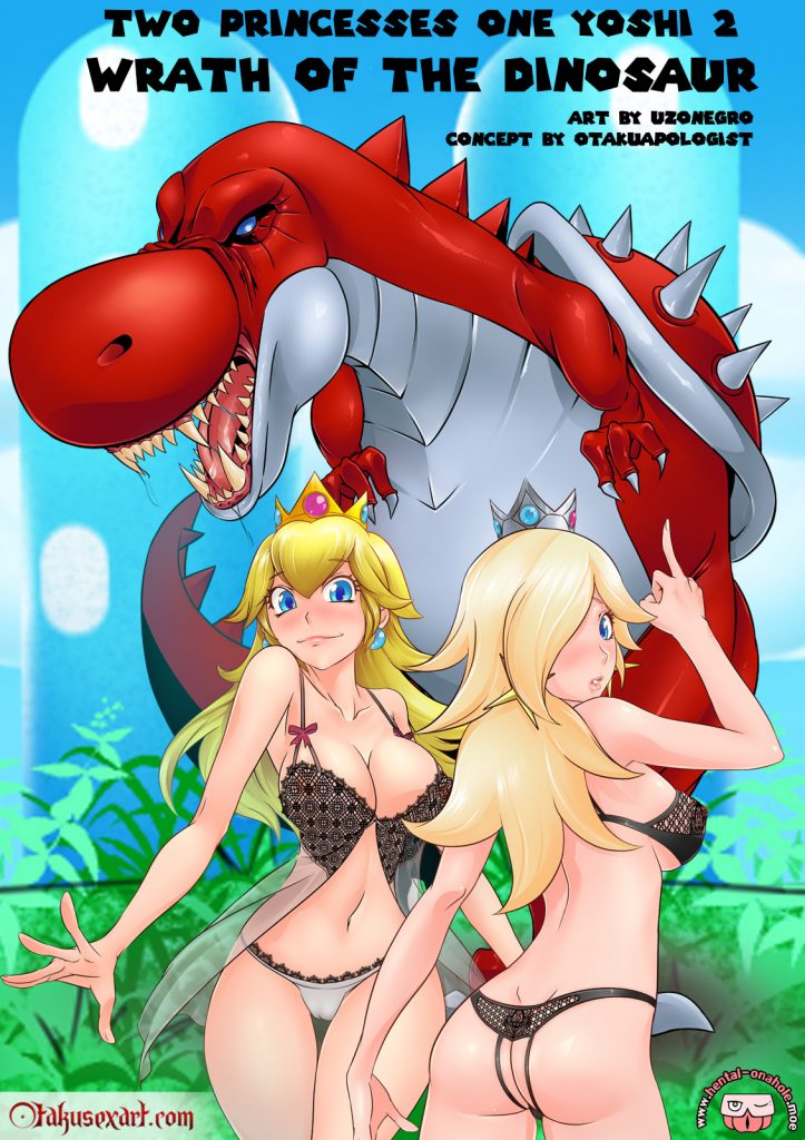 two princesses one yoshi two wrath of the dinosaur hentai manga comic with princess rosalina and peach have oral sex with red dinosaur